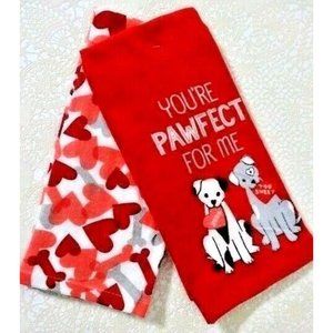 Valentine Dogs Hearts You're Pawfect for Me 2 Kitchen Towels Puppies Dog Bones